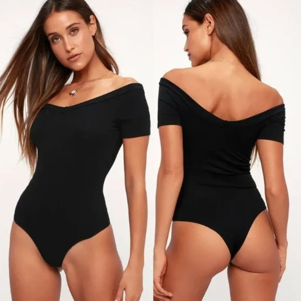 Lulus NWT Sandpiper Black Ribbed Off-the-Shoulder Bodysuit Short Sleeve XSmall